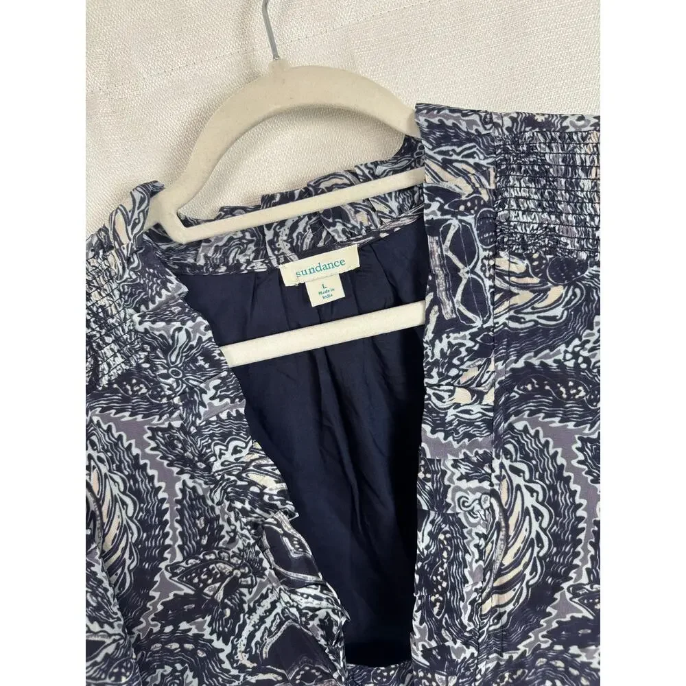 Sundance Blue White Print Dress Boho Flutter Sleeve Pockets L - Picture 3 of 7